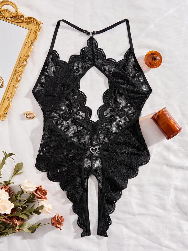 Women's Floral Lace Backless Heart Decor Cami Bodysuit, Sexy Hollow Out Scallop Trim Bowknot Decor Bodysuit for Women, Ladies Underwear for All Seasons