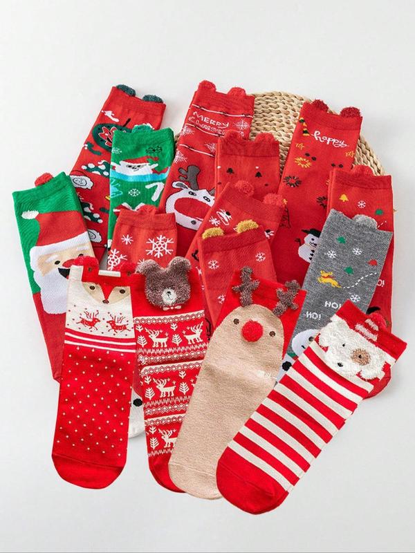 Random Women's Christmas Themed Crew Socks, Cute Cartoon Reindeer & Santa Claus Pattern Mid-calf Socks, Soft Comfy Breathable Socks for Fall & Winter