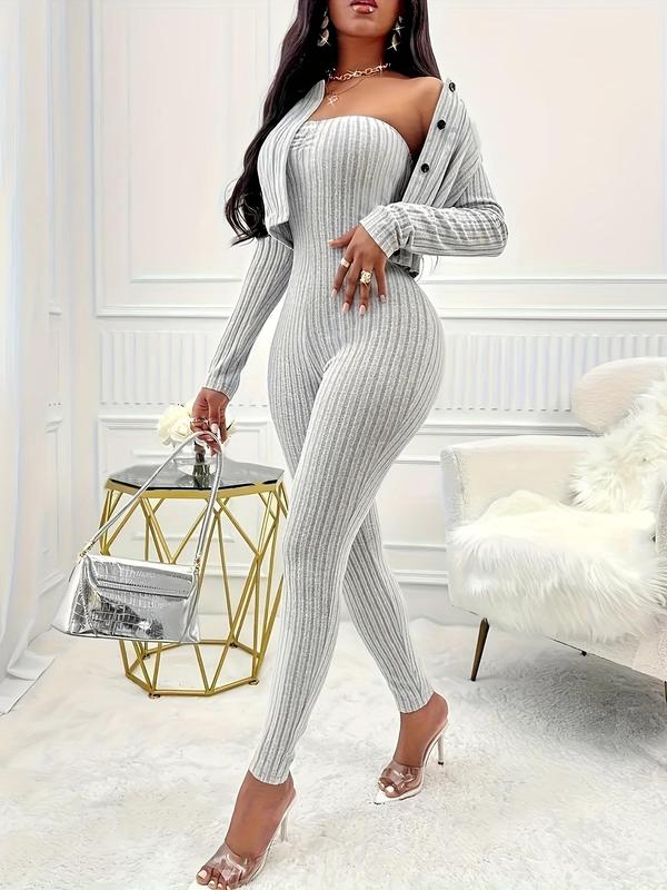 Two-piece Set Women's Solid Button Front Crop Top & Skinny Tube Jumpsuit, Casual Long Sleeve Round Neck Top & Jumpsuit for Daily Wear, Fall Sets, Ladies Two-piece Outfits for All Seasons