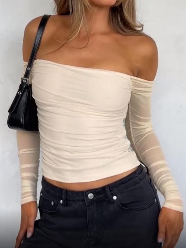 Women's Plain Ruched Off Shoulder Top, Casual Long Sleeve Top for Daily Wear, Ladies Clothes for All Seasons