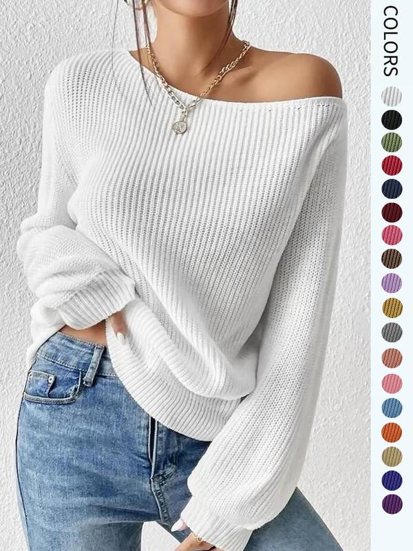 Women's Minimalist Solid Drop Shoulder Asymmetrical Neck Knit Tops, Lady Basic Casual Fit Fall Womenswear Long Sleeve Knitting Jumper, Crochet Tops, Women's Sweater Knitwear for Daily Wear Y2k