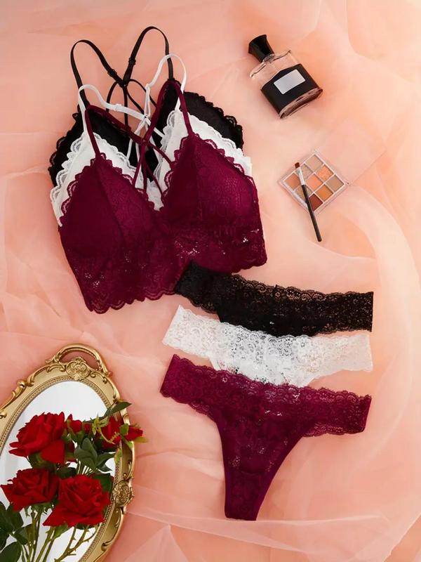 Women's Lace Lingerie Three-piece Set, Casual Criss Cross Backless Wireless Bra & Thong Set, Underwear Set for Women