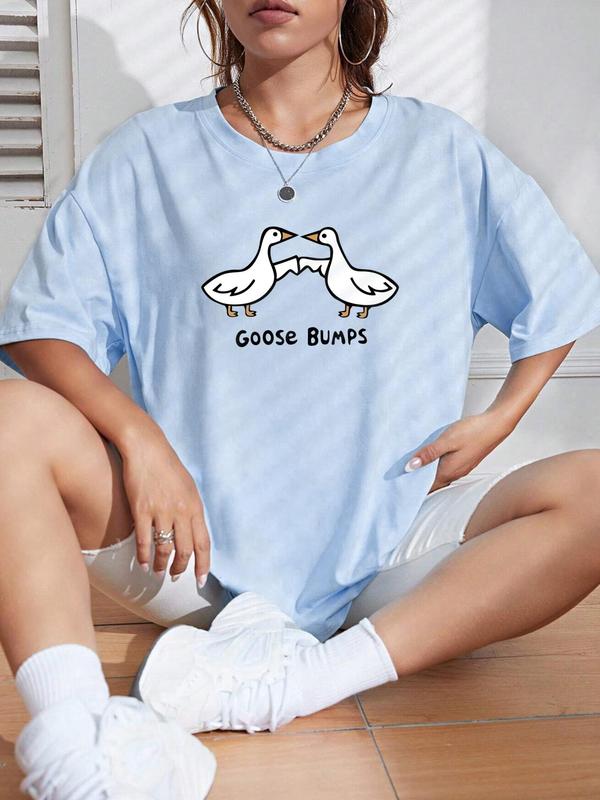 Women's Cartoon Goose Print Round Neck Tee, Fashion Casual Short Sleeve T-shirt for Daily Wear, Back To School Outfits, Graphic Tees, T Shirts for Women, Ladies Summer Clothes, Vintage Graphic Tees