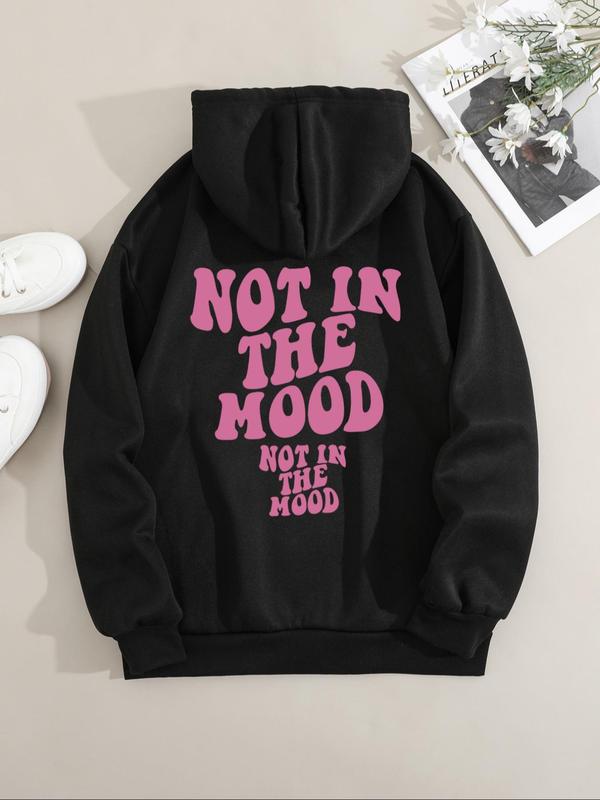 Letter Print Long Sleeve Hoodies for Women, Comfort Women Clothing, Casual Drop Shoulder Pocket Hooded Sweatshirt, Graphic Pullover Tops for Lady Teen Girls Daily Wear, Fall Outfits, Fallfreshness