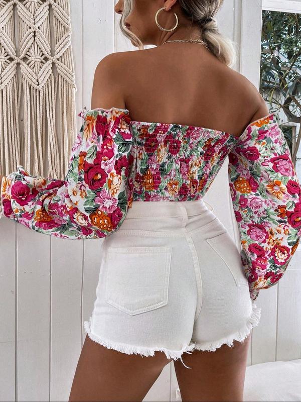 Women's Ditsy Floral Print Frill Shirred Off Shoulder Crop Blouse, Boho Flounce Sleeve Crop Top for Spring & Fall, Fall Clothing Women, Women's Clothes for Daily Vacation Outdoor, Comfort Womenswear, Summer Outfits 2024, Black Girl Outfits