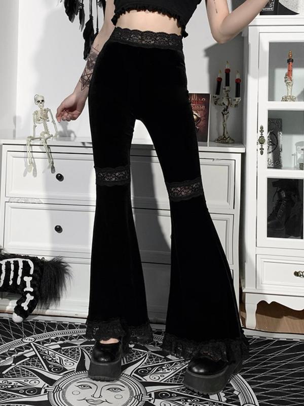 Women's Plain Contrast Lace Flare Leg Pants, Elegant High Waist Bell Bottom Trousers for Daily Wear, Ladies Bottoms for All Seasons