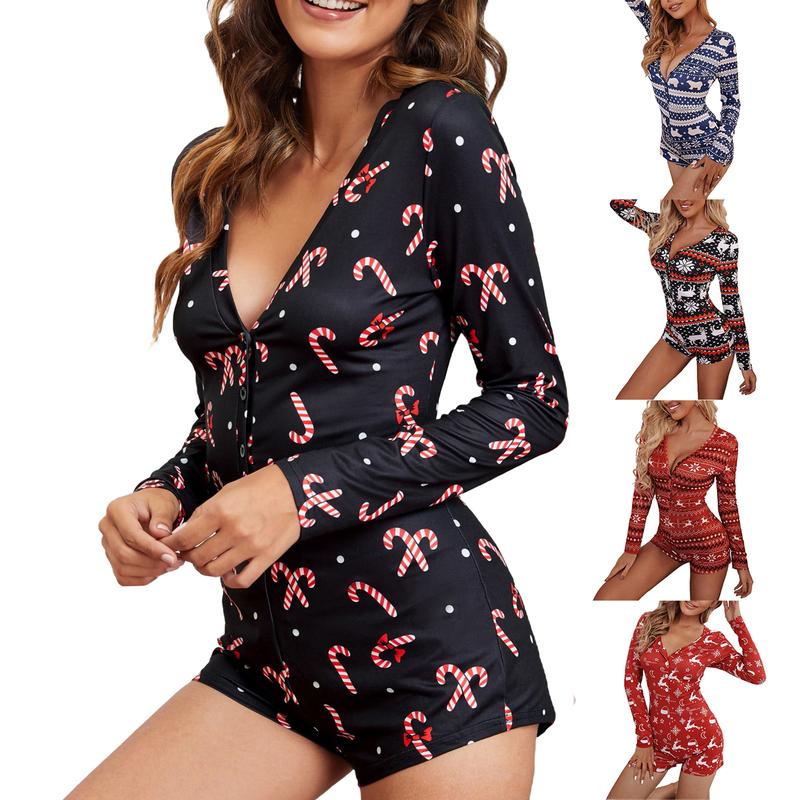 Women Christmas Printed Pattern Pajama, V-neck Long Sleeve Playsuit Loungewear Nightwear Soft Pjs Two-Piece Sleepwear Black Friday Womenswear Comfortable