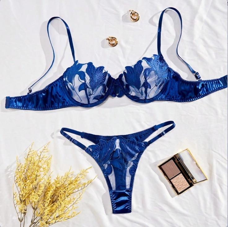 YOKO [Blue, Size S-XL] 2 Piece Lingerie Set, Breathable Mesh Embroidered, Satin, Underwired Bra Set, Adjustable Waist Panties