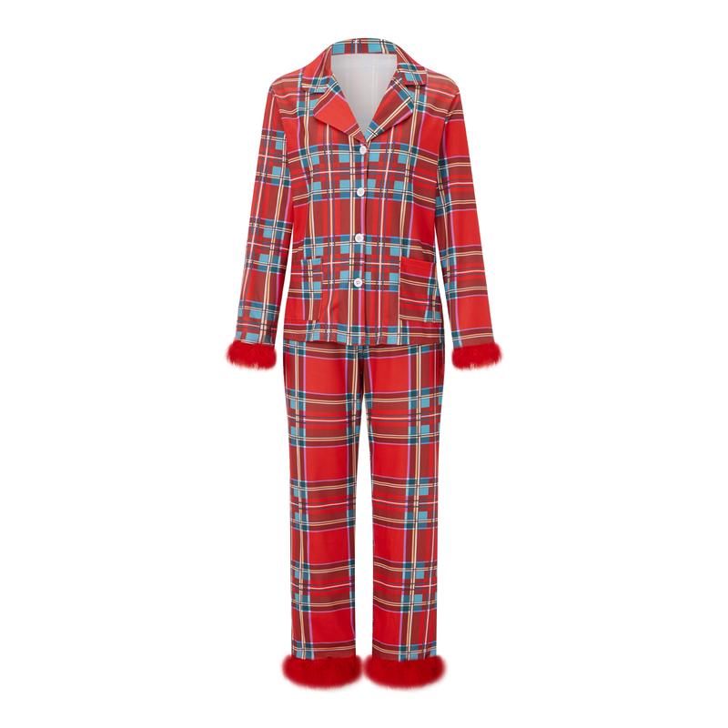 Mommy and Me Matching Pajamas Christmas Feather Trim Pajama Set 2 Piece Shirt Pants Santa Sleepwear Sets for Mother Daughter