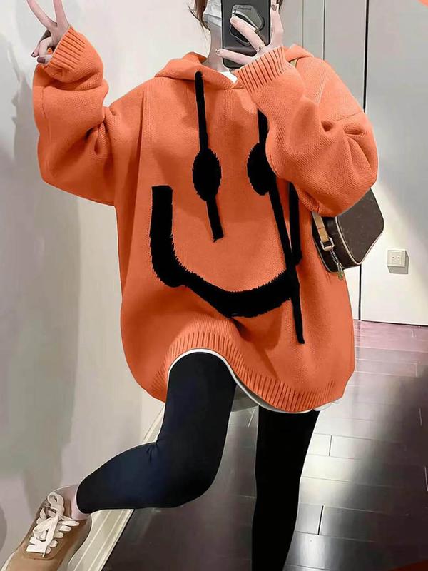 Women's Cartoon Face Print Drop Shoulder Hooded Sweater, Fashion Casual Long Sleeve Drawstring Hooded Sweater for Daily Holiday Outdoor Wear, Women Knitwear for Fall & Winter