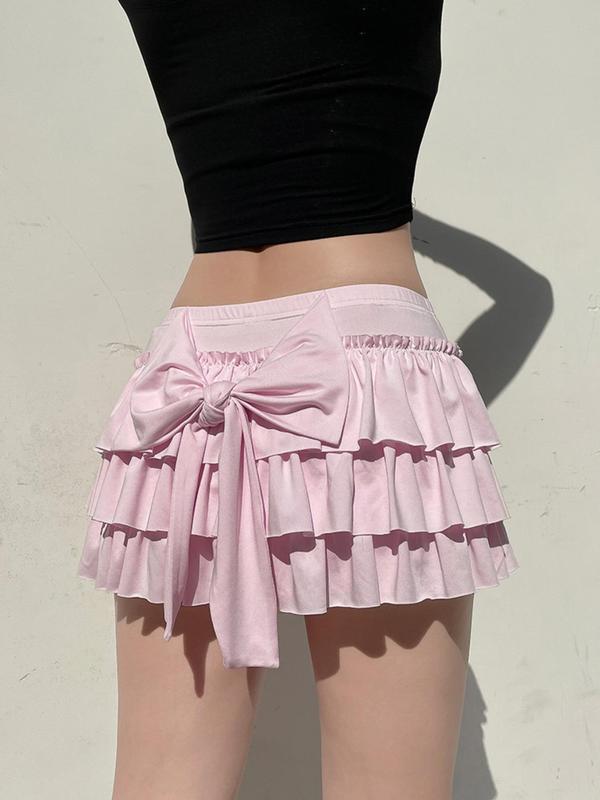 Women's Bow Back Tiered Layer Skirt, Cute Solid Color Mini Skirt for Daily Wear, Ladies Summer Clothes