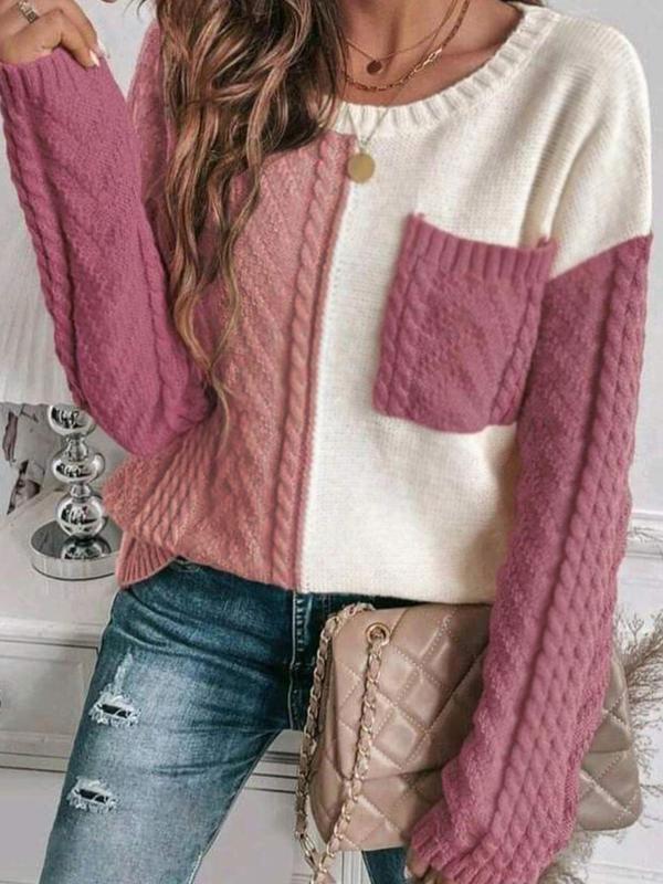 Women's Colorblock Drop Shoulder Sweater, Casual Long Sleeve Round Neck Jumper for Fall & Winter, Fashion Ladies' Knitwear for Daily Wear