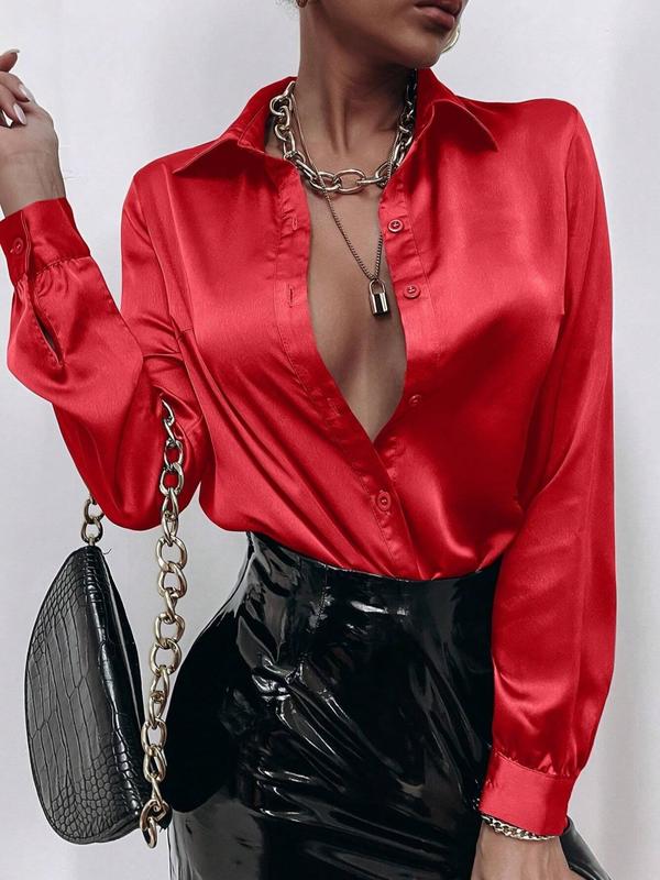 Women's Solid Button Front Satin Shirt, Elegant Long Sleeve Collared Top for Daily Wear, Ladies Clothes for All Seasons