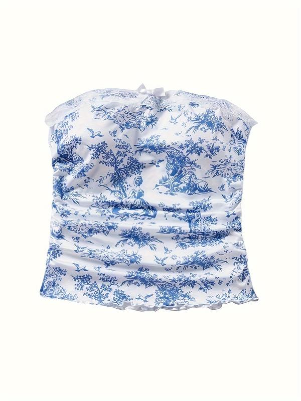 Women's Floral Print Bow Decor Lettuce Trim Crop Tube Top, Back To School Elegant Ruched Backless Strapless Cropped Top for Summer, Ladies Clothes for Beach Holiday Vacation