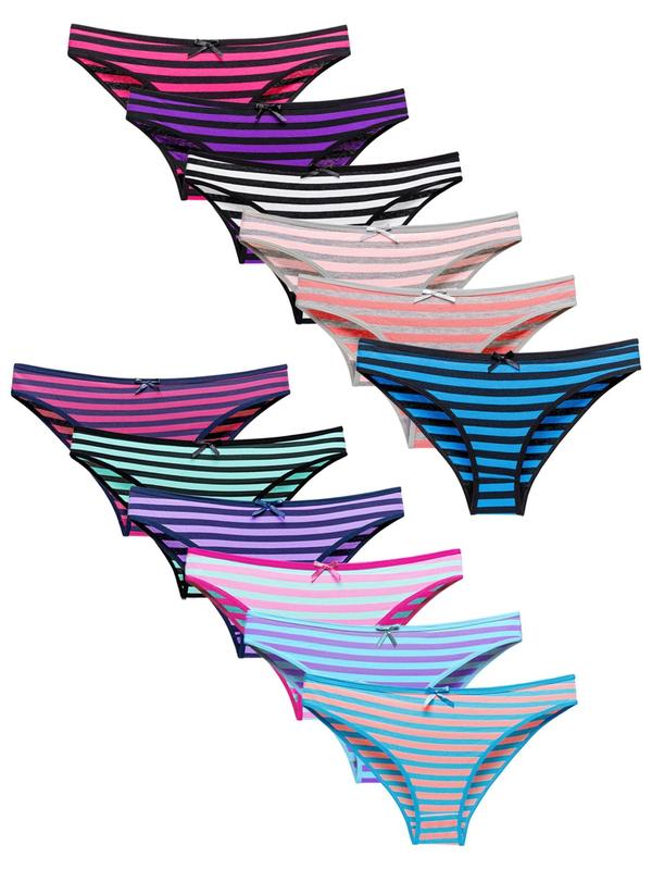 Women's Striped Print Bow Decor Brief Panty, Soft Comfy Breathable Knicker for Daily Wear, Underwear for All Seasons