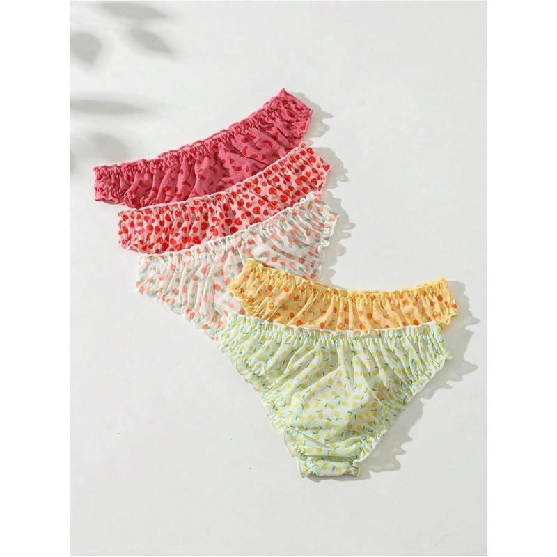 Women's 5 Pack Cute Briefs Frilly Lettuce Trim Mid Rise Mesh Panty Sets Underwear