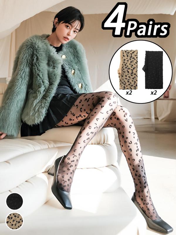 Women's Leopard Print Solid Color Stockings, Casual Comfy Breathable High Stretch Tights for Daily Wear, Ladies Stockings for All Seasons