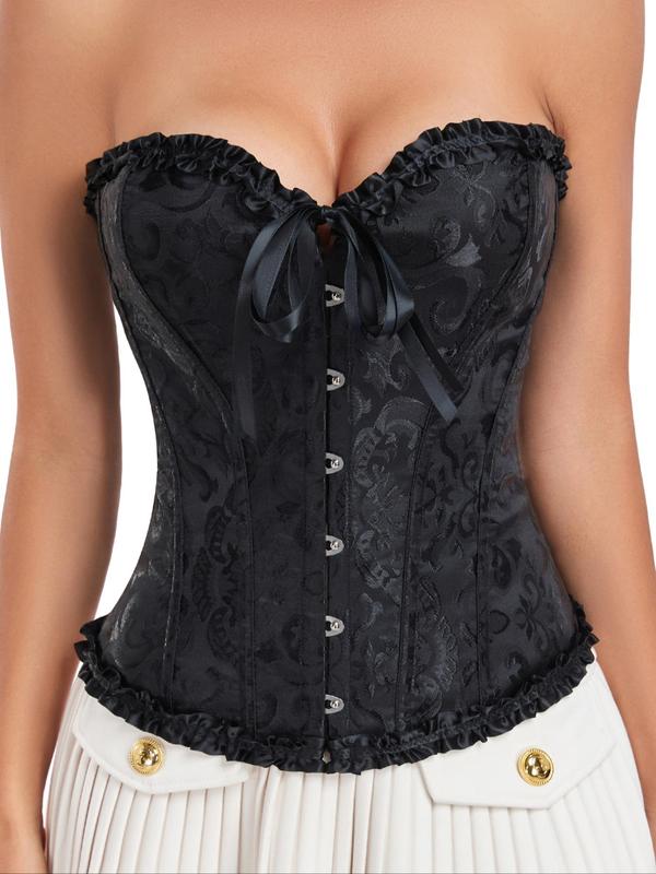 Women's Sexy Floral Jacquard Lace Up Shapewear Top, Tied Hook Front Frill Trim Corset Tube Top, Tummy Control Shaper for Women