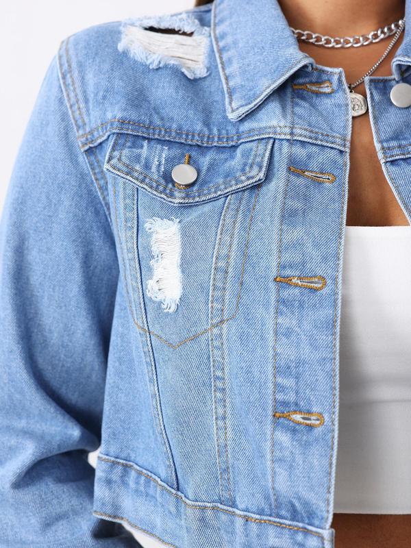 Women's Plain Ripped Button Front Denim Jacket, Casual Long Sleeve Collared Pocket Outerwear for Daily Wear, Ladies Clothes for All Seasons