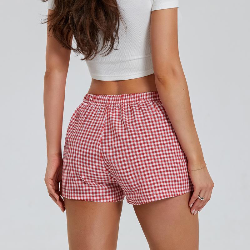 Women’s Plaid Print Shorts Elastic Low Waist Button Front Lounge Shorts Boxers Streetwear Casual Daily Outfit