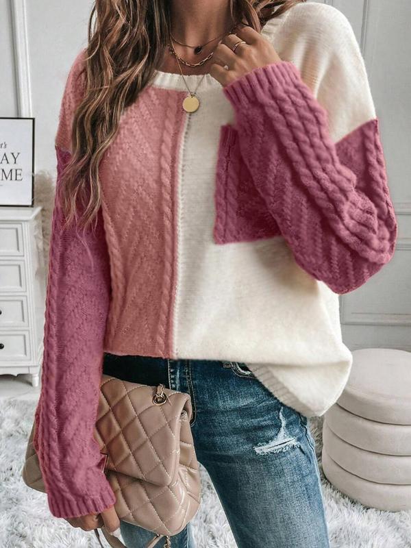 Women's Colorblock Drop Shoulder Sweater, Casual Long Sleeve Round Neck Jumper for Fall & Winter, Fashion Ladies' Knitwear for Daily Wear