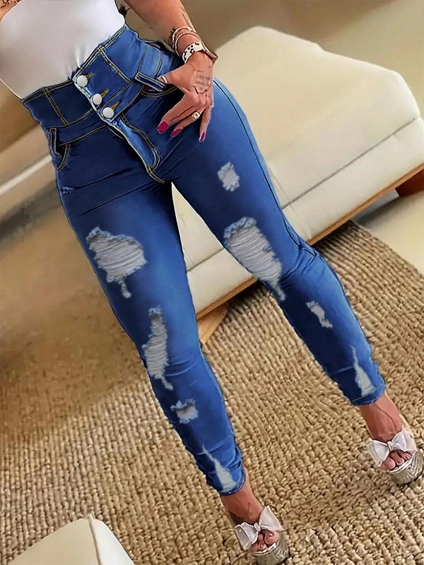 Women's Plain Ripped Button Fly Skinny Denim Jeans, Fashion Casual High Waist Pocket Design Jeans for Daily Outdoor Wear, Women Jeans, Ladies Bottoms for All Seasons High Waist Jeans