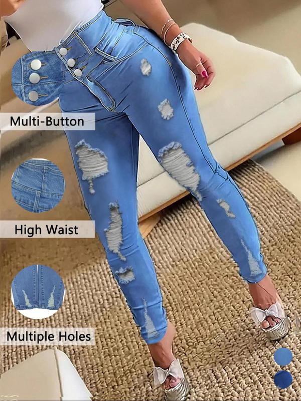 Women's Plain Ripped Button Fly Skinny Denim Jeans, Fashion Casual High Waist Pocket Design Jeans for Daily Outdoor Wear, Women Jeans, Ladies Bottoms for All Seasons High Waist Jeans