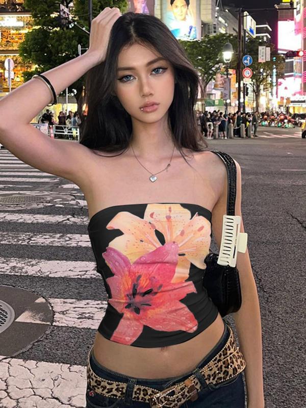 Women's Floral Print Backless Crop Tube Top, Fashion Casual Sleeveless Top for Daily Outdoor Wear, Women's Clothes for Summer