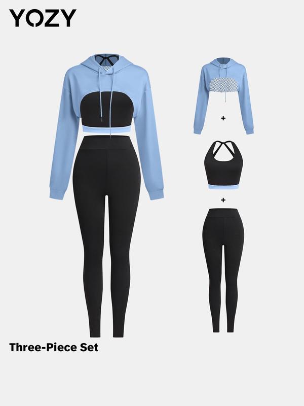 YOZY Three-Piece Set Women's Solid Color Hollow Out Crop Hoodie & High Waist Leggings & Colorblock Crop Tank Top, Casual Fashion Cozy Breathable Outfits for Daily Outdoor Wear, Sweatsuit Set Outfit, Ladies Clothes for All Seasons