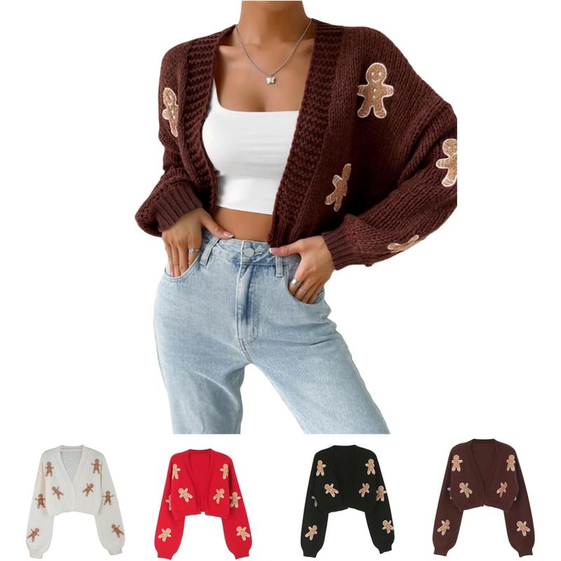 Cookie Man Pattern Knit Sweater Spring Fall Winter  Gingerbread Cardigan Women's, Women's Christmas Waist Cardigan, Gingerbread Cardigan Women's, Gingerbread Man Cardigan