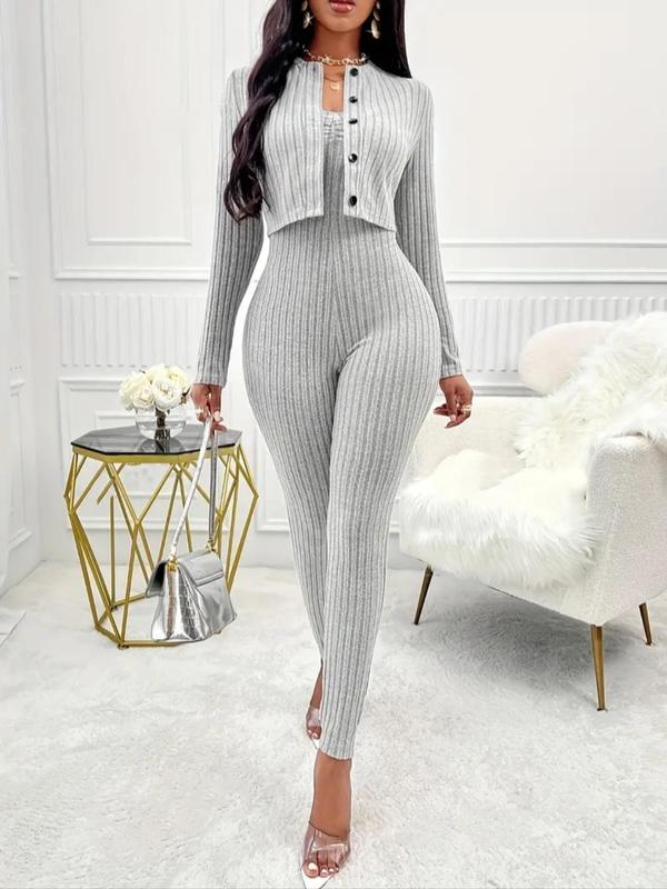 Two-piece Set Women's Solid Button Front Crop Top & Skinny Tube Jumpsuit, Casual Long Sleeve Round Neck Top & Jumpsuit for Daily Wear, Fall Sets, Ladies Two-piece Outfits for All Seasons