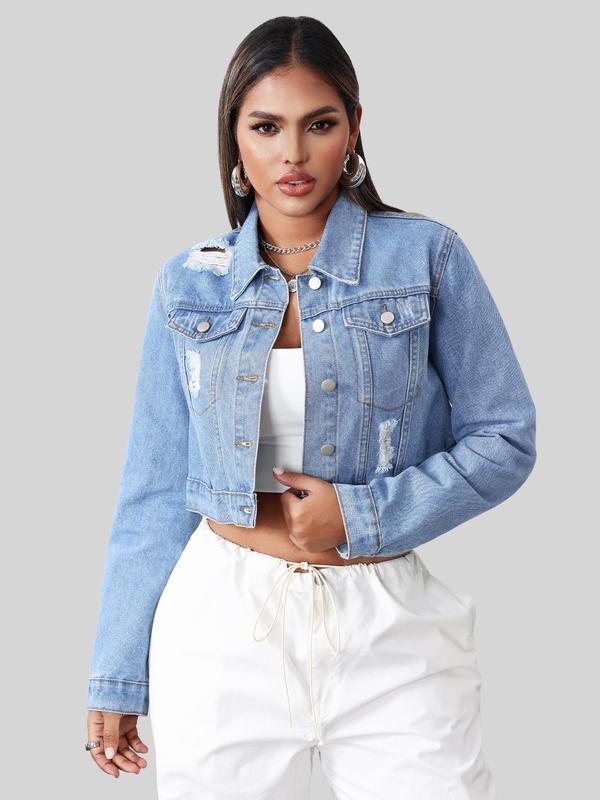 Women's Plain Ripped Button Front Denim Jacket, Casual Long Sleeve Collared Pocket Outerwear for Daily Wear, Ladies Clothes for All Seasons