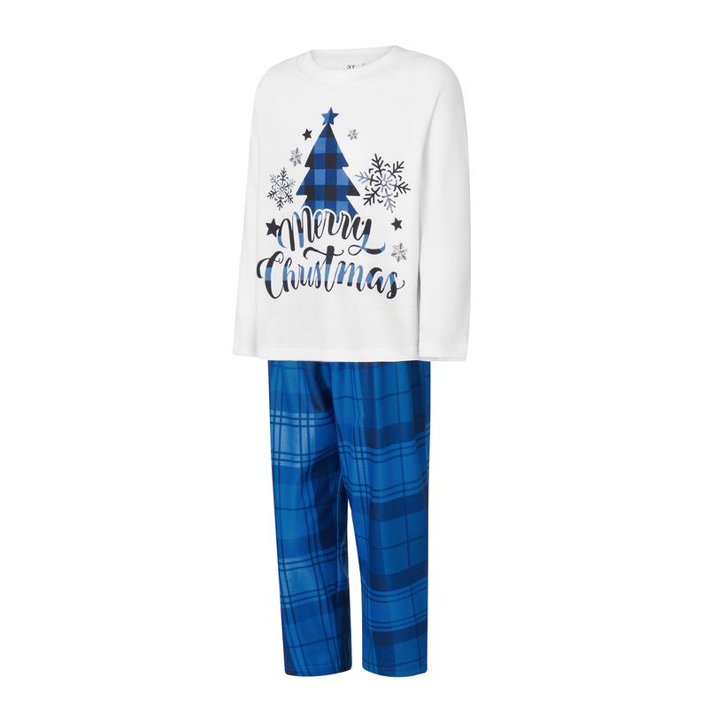 Blue White Matching Christmas Pajamas For Family, Christmas Tree Letter Print Long-Sleeved Tops + Plaid Trousers Sleepwear Outfits