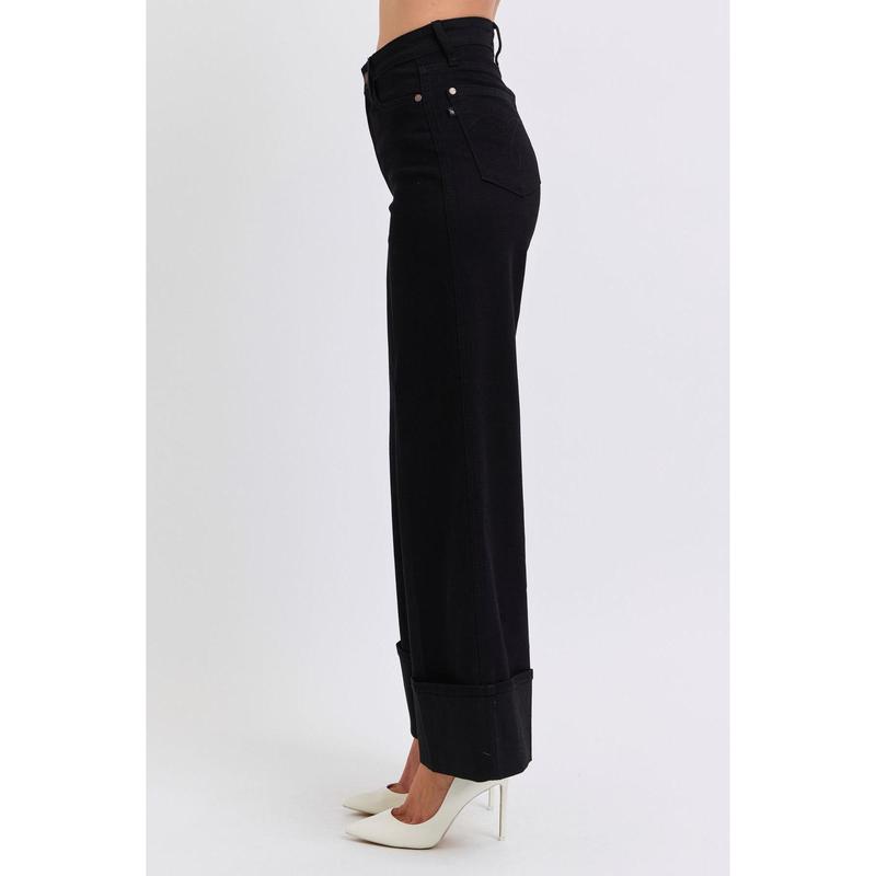 JUDY BLUE HI WAIST BLACK RETRO WIDE LEG JEANS W  CUFF