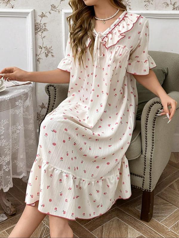  All Over Fruit Print Ruffle Trim Tie Front Nightdress, Casual Soft Comfortable Flounce Sleeve Nightgown for Women, Women's Sleepwear for All Seasons