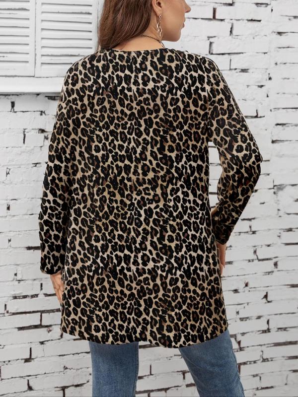  Leopard Print Long Sleeve Open Front Jacket, Casual Round Neck Outerwear for Fall & Winter, Women's Clothes for Daily Wear