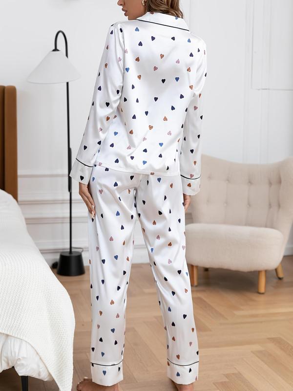 Women's Satin Button Front Heart Print Pyjama Set, Casual Elegant Comfortable Pocket Lapel Shirt & Pants Set for Women, Sleepwear for Spring & Fall, Sleepwear for Women