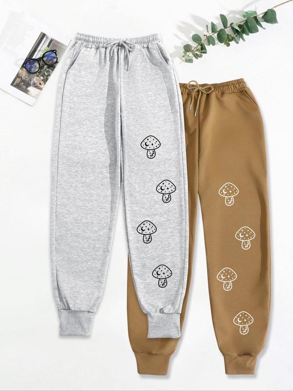 Women's Mushroom Print Drawstring Waist Sweatpants, Casual Pocket Design Pants for Fall & Winter, Women's Trousers for Daily Wear