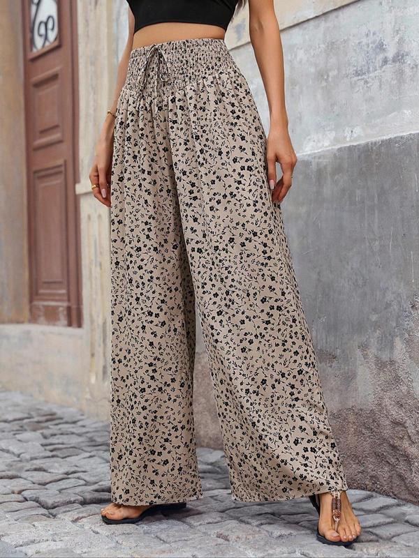  Ditsy Floral Print Tie Front Wide Leg Pants, Boho Shirred High Waist Trousers for Beach Vacation Holiday, Pants for Women, Summer Pants, Women's Bottoms Black Girl Outfits