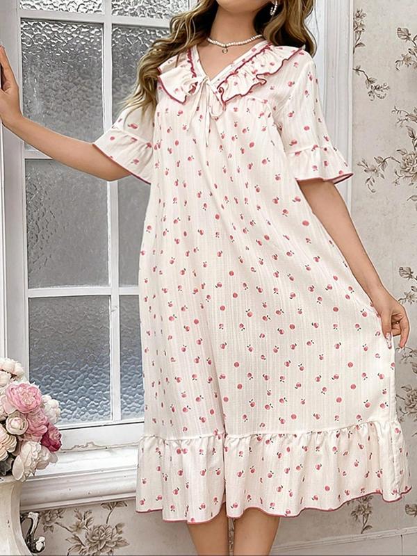  All Over Fruit Print Ruffle Trim Tie Front Nightdress, Casual Soft Comfortable Flounce Sleeve Nightgown for Women, Women's Sleepwear for All Seasons