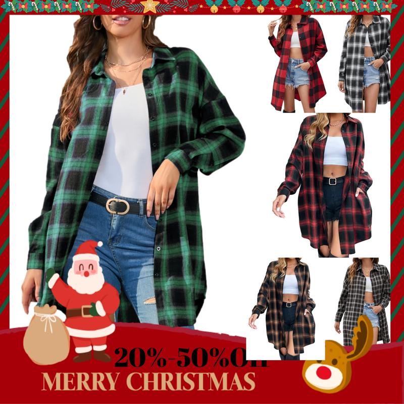 Zontroldy Women's Oversized Button Down Long Plaid Flannel Shirts Lapel Long Sleeve Check Jacket Shacket vintage tops Womenswear