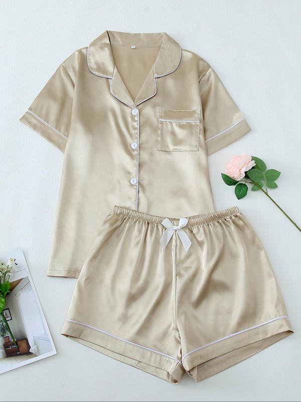 Women's Solid Satin Pyjama Set, Short Sleeve Lapel Neck Button Up Top & Elastic Waist Shorts PJ Set, Casual Comfy Loungewear Set for Women