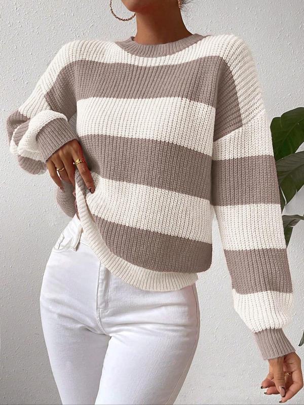 Women's Colorblock Striped Print Drop Shoulder Sweater, Casual Long Sleeve Round Neck Jumper for Fall & Winter, Fashion Ladies' Knitwear for Daily Wear