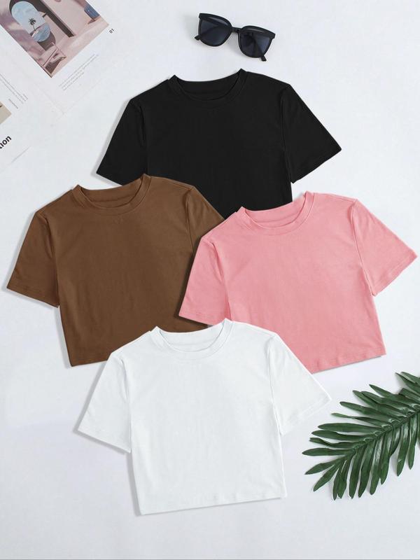 Women's Solid Round Neck Crop Tee, Casual Short Sleeve Crew Neck T-shirt for Daily Wear, Mitsy Crop Top, T Shirts for Women, Ladies Clothes for All Seasons