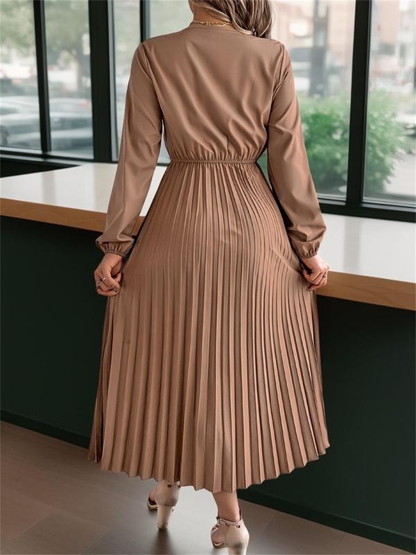 Women's Plain Lace Trim Pleated Dress, Elegant Bishop Sleeve V Neck A Line Dress for Party Holiday Wedding Guest, Ladies Fall & Winter Clothes