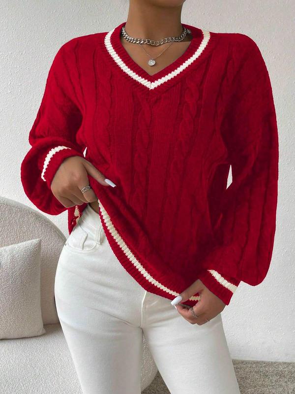 Women's Contrast Binding Drop Shoulder Sweater, Casual V Neck Cable Knit Jumper for Fall & Winter, Sweaters for Women, Fashion Women's Knitwear for Daily Wear, Fall Outfits, Preppy 80s Clothes