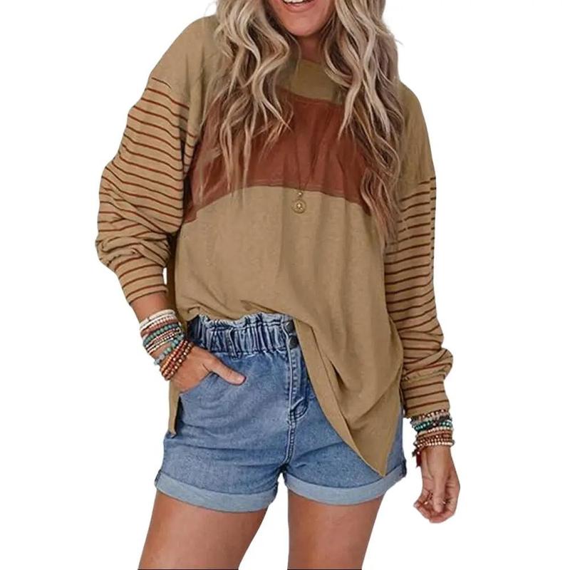 2 Pack Long Sleeve Fall Tops Oversized 2024 Trendy Round Crew Neck Casual Color Block Womens Shirts Blouses