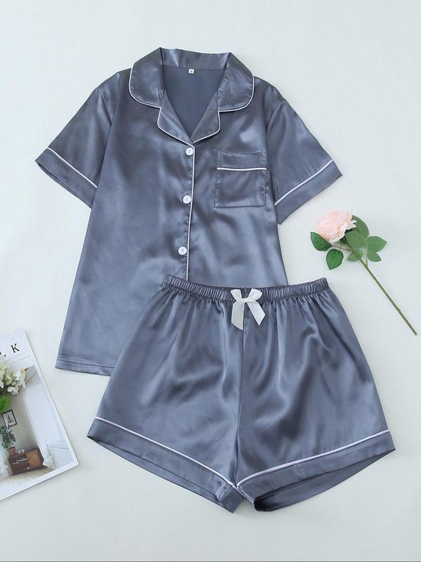 Women's Solid Satin Pyjama Set, Short Sleeve Lapel Neck Button Up Top & Elastic Waist Shorts PJ Set, Casual Comfy Loungewear Set for Women