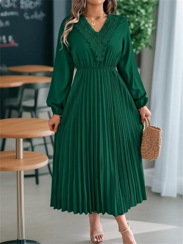 Women's Plain Lace Trim Pleated Dress, Elegant Bishop Sleeve V Neck A Line Dress for Party Holiday Wedding Guest, Ladies Fall & Winter Clothes