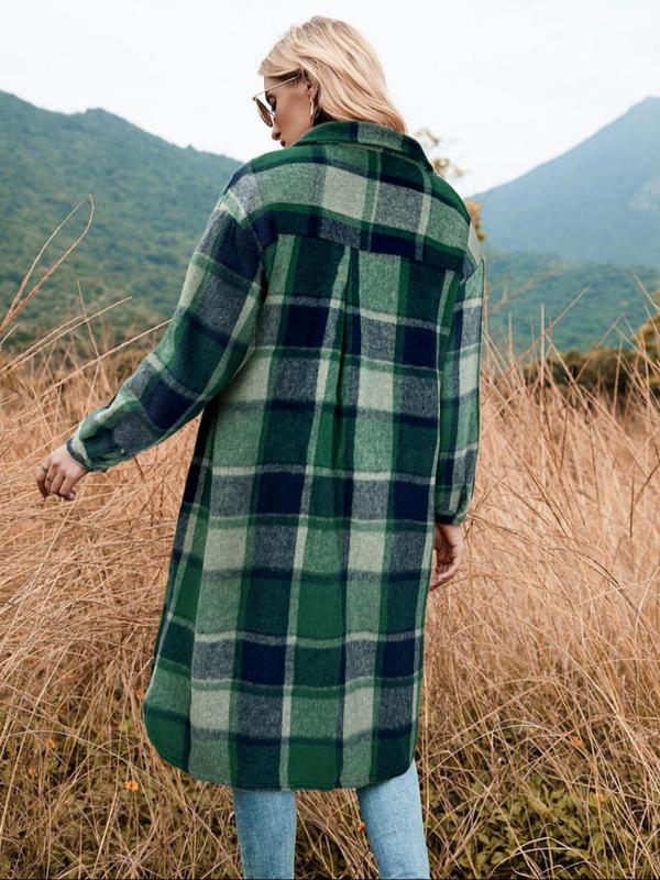 Womenswear Plaid Print Button Front Drop Shoulder Overcoat jacket, Casual Long Sleeve Flap Lady Pocket Outerwear for Fall & Winter,  Winter Clothes Women, Women's Clothing for Daily Wear